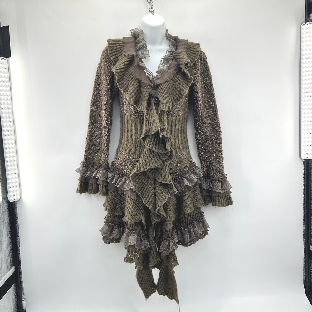 John Cardigan Women M Olive Wool* Forest Fairy Renaissance Lace Hanky Victorian